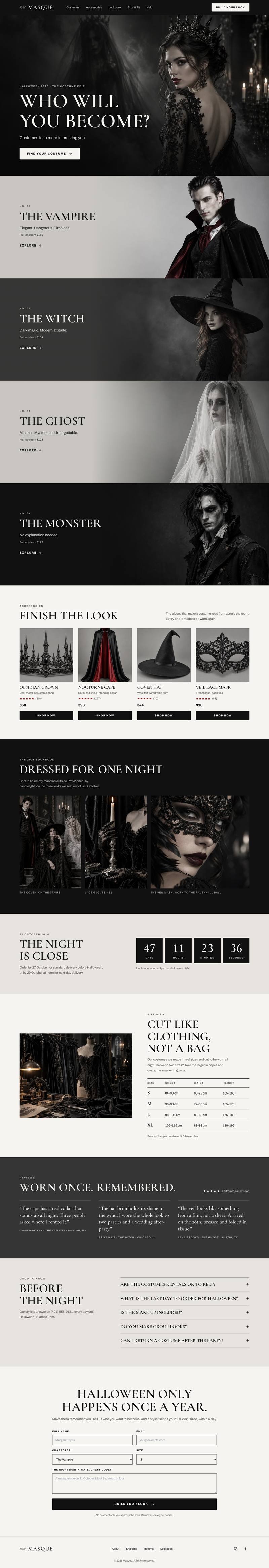 Costume Shop Editorial template, the whole page on desktop