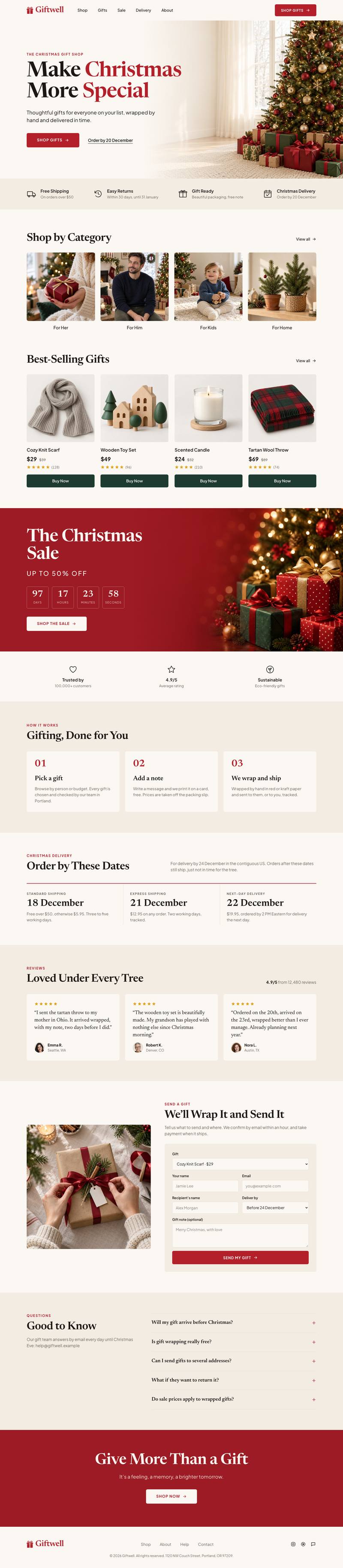 Christmas Gift Shop template, the whole page on desktop