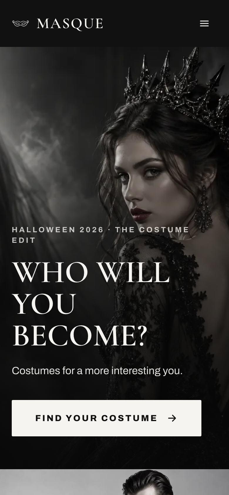 Costume Shop Editorial landing page template on a phone