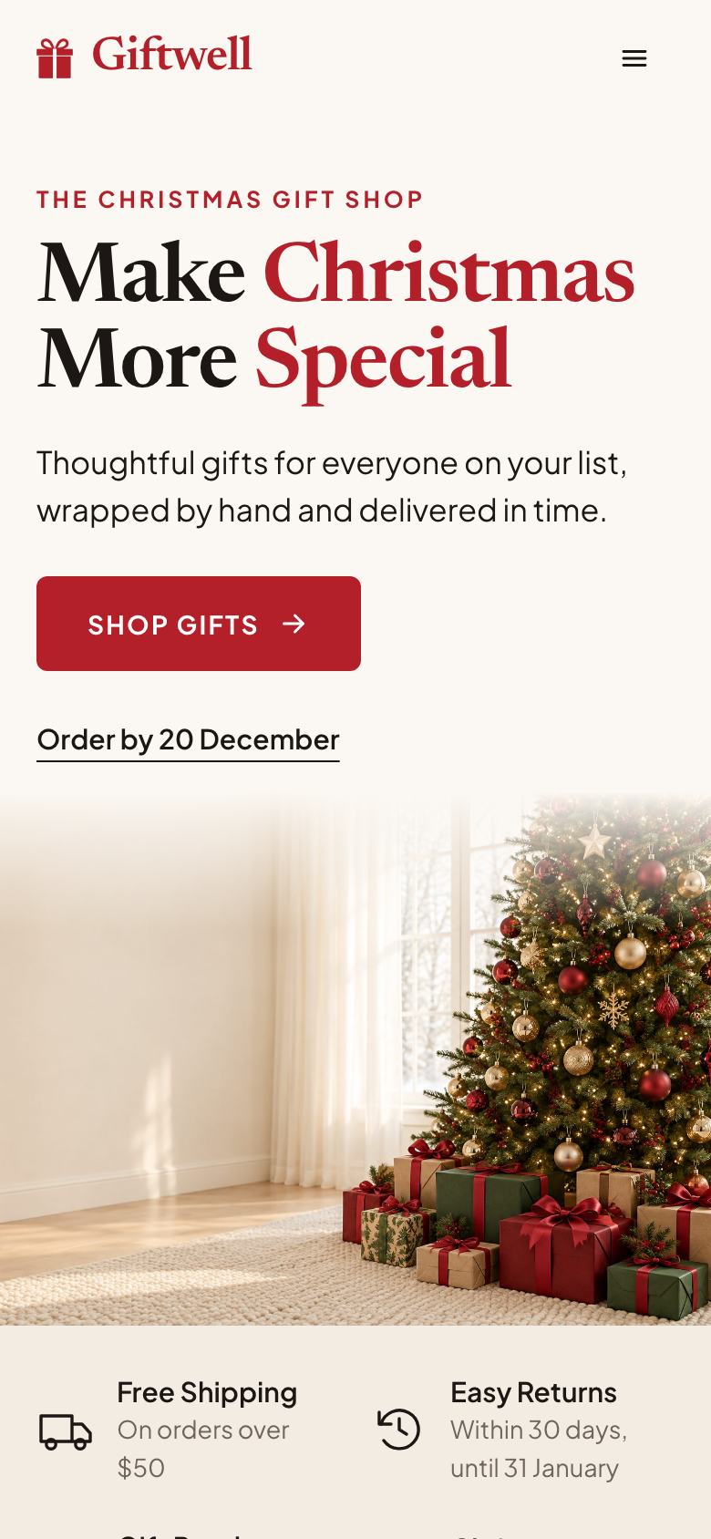 Christmas Gift Shop landing page template on a phone