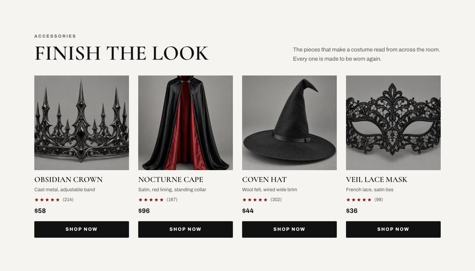 Costume Shop Editorial template — Accessories section