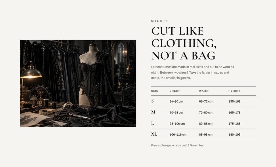 Costume Shop Editorial template — Size and fit section