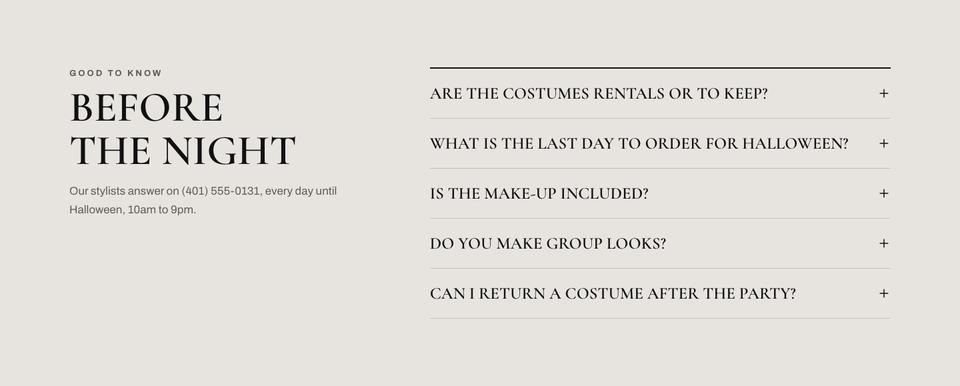 Costume Shop Editorial template — Questions section