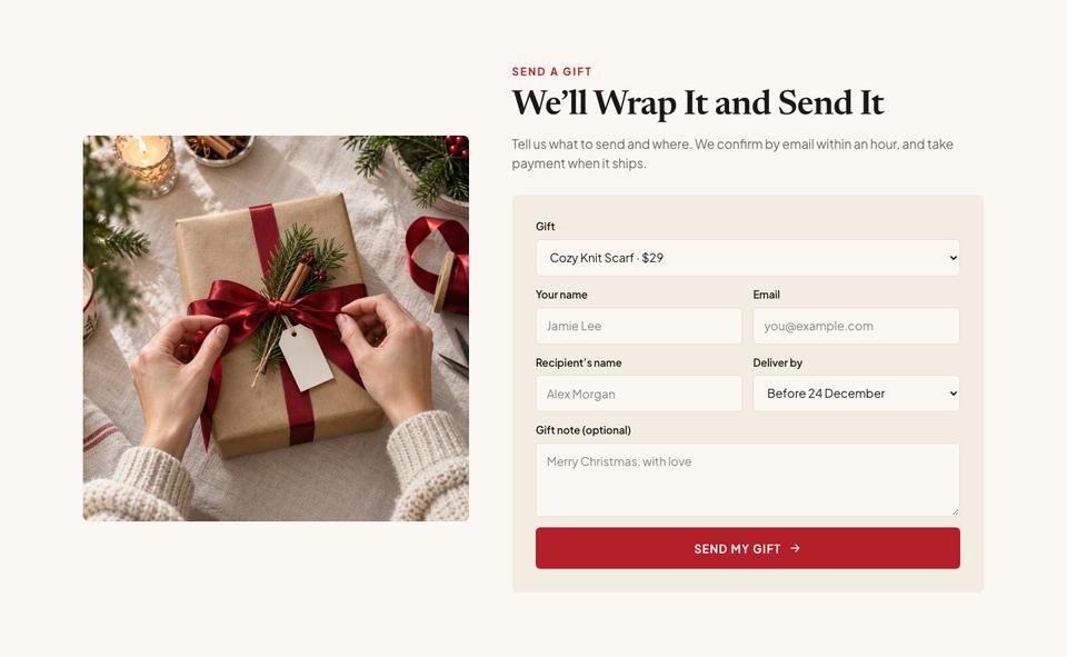 Christmas Gift Shop template — Order form section
