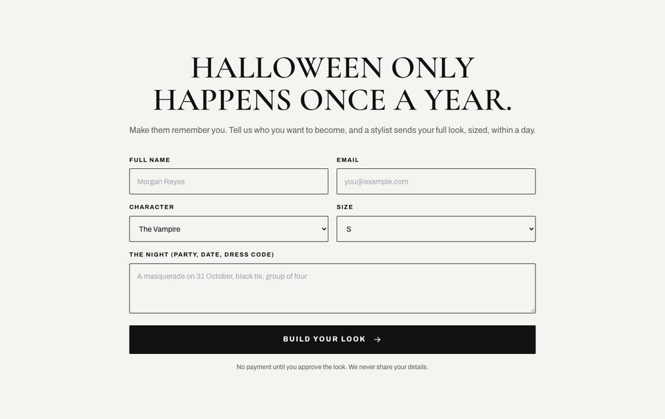 Costume Shop Editorial template — Stylist form section