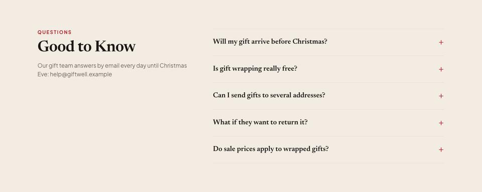 Christmas Gift Shop template — Questions section