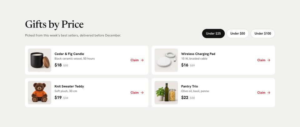 Black Friday Marketplace template — Gifts by price section