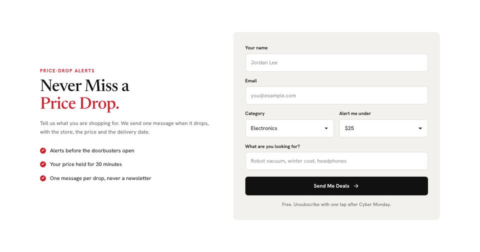 Black Friday Marketplace template — Price-drop alerts section