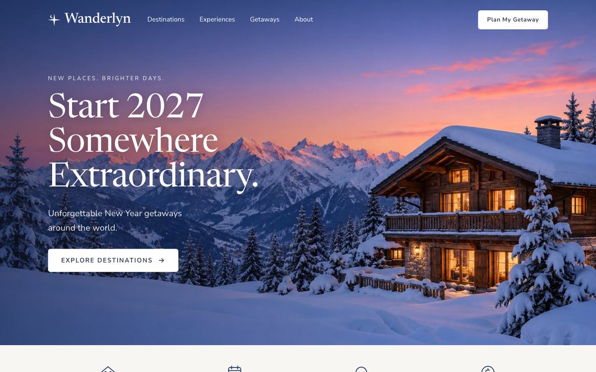 New Year Getaway landing page template, desktop