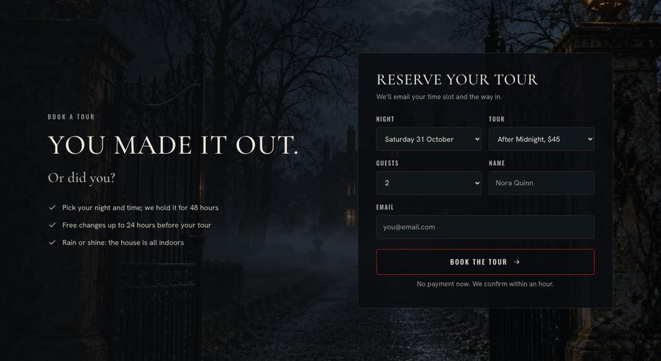 Haunted House Story template — Booking form section