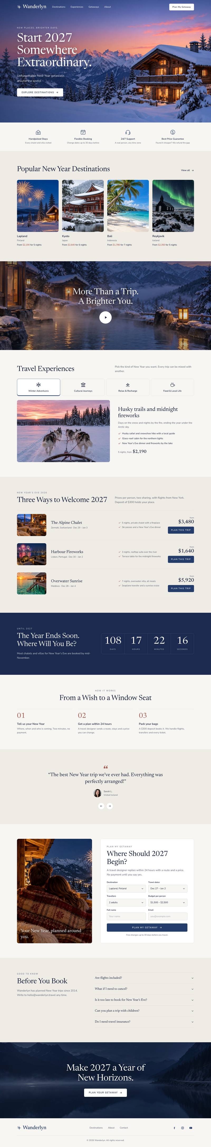 New Year Getaway template, the whole page on desktop