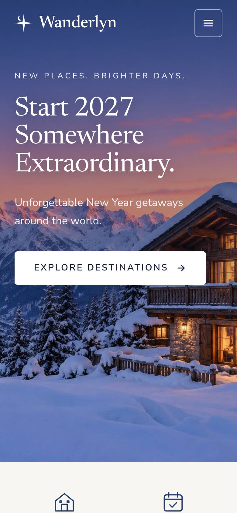 New Year Getaway landing page template on a phone