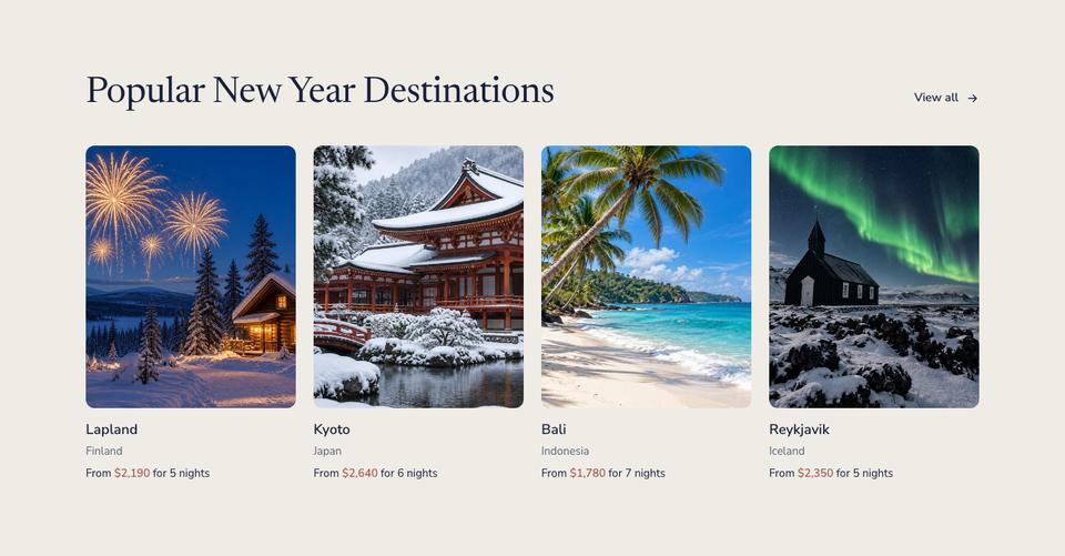 New Year Getaway template — Destinations section