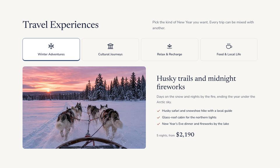 New Year Getaway template — Experiences section