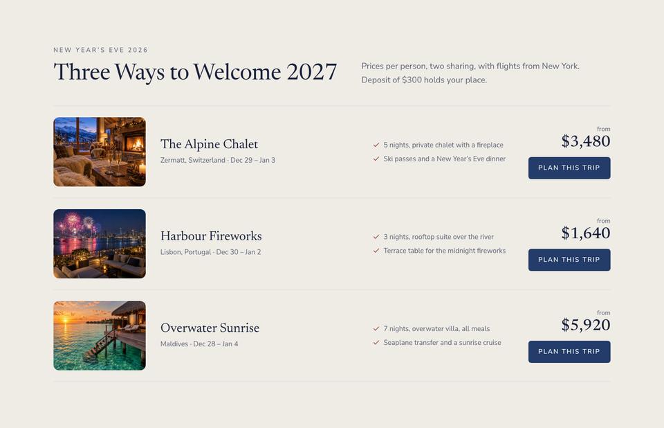New Year Getaway template — Getaways section