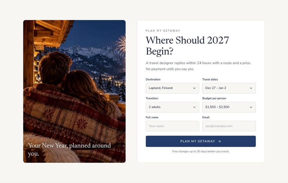 New Year Getaway template — Plan form section