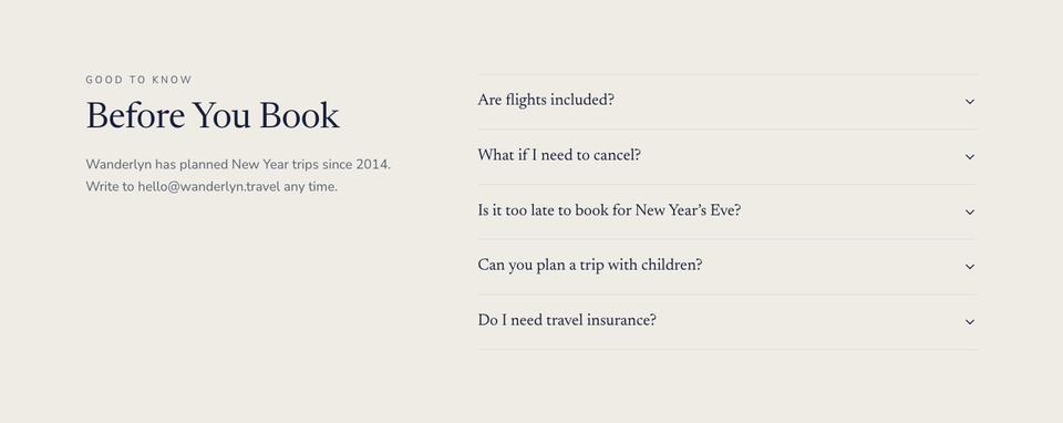 New Year Getaway template — Questions section