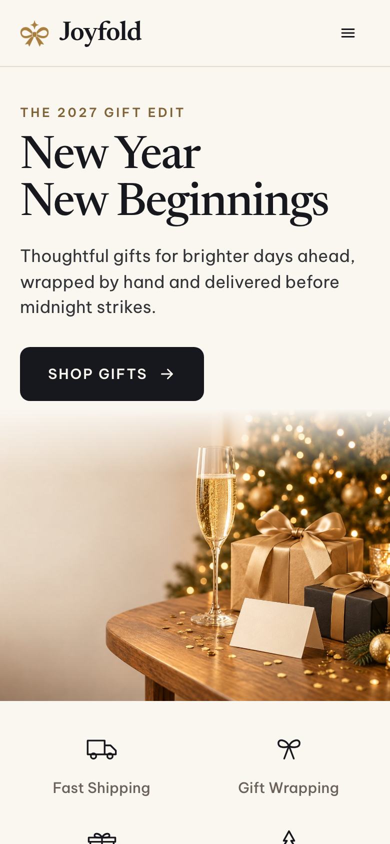 New Year Gift Shop landing page template on a phone