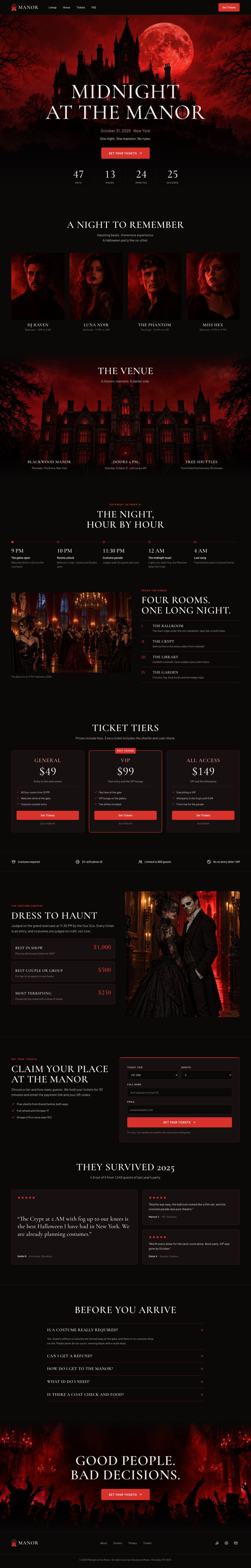 Halloween Manor Party template, the whole page on desktop