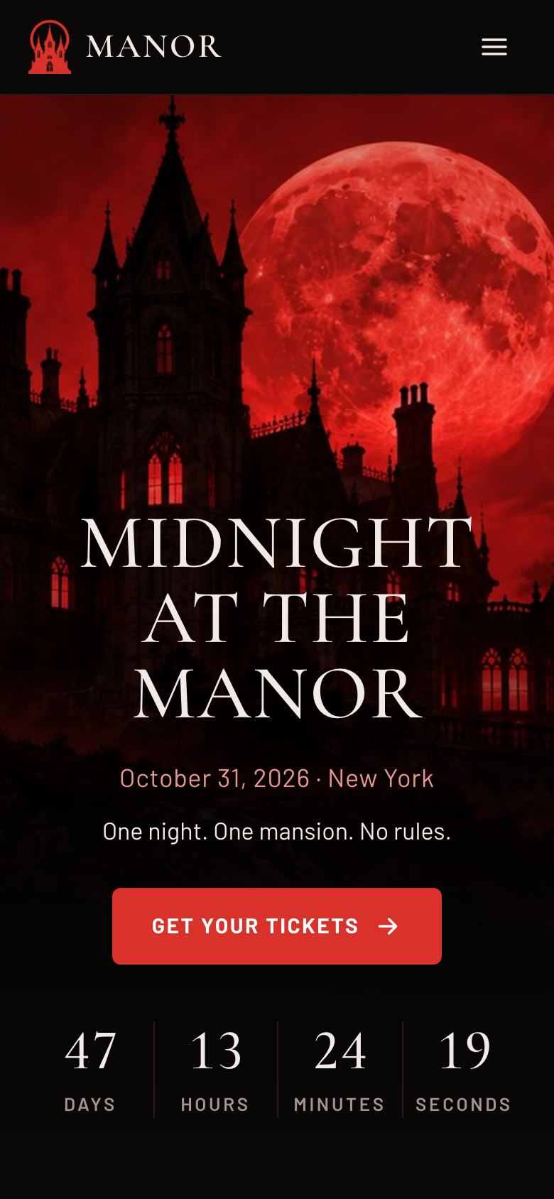 Halloween Manor Party landing page template on a phone