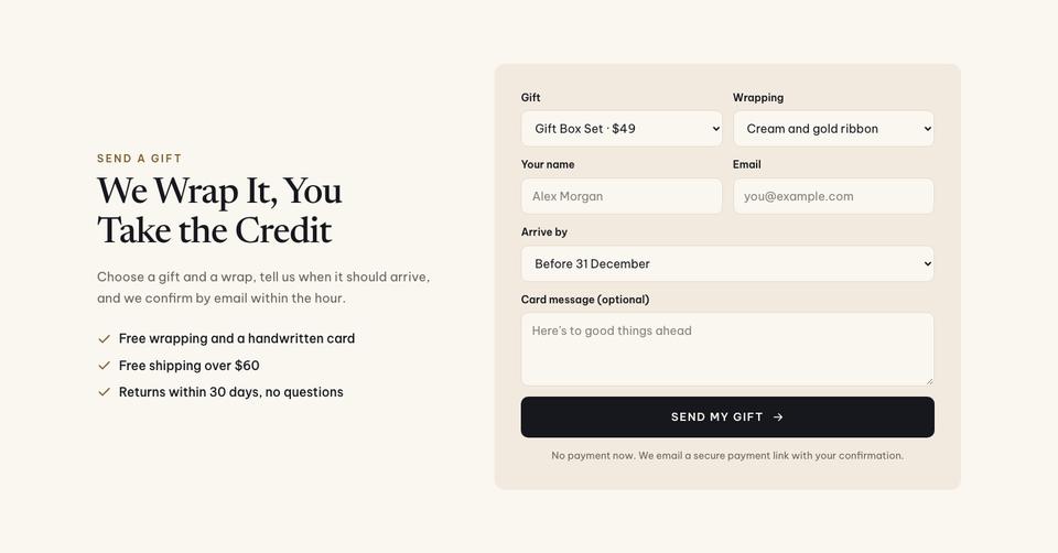 New Year Gift Shop template — Gift form section