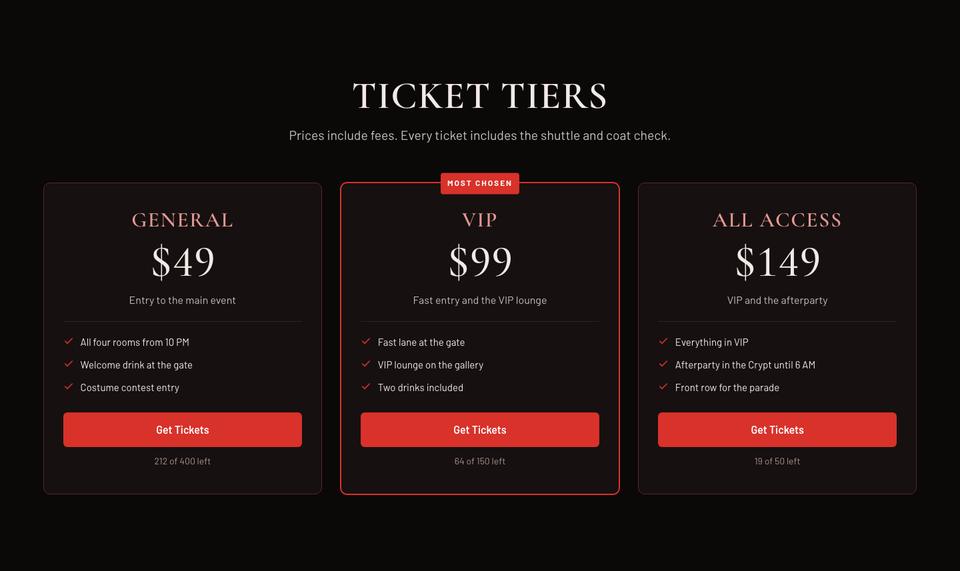 Halloween Manor Party template — Tickets section