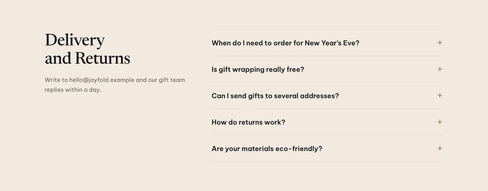 New Year Gift Shop template — Questions section