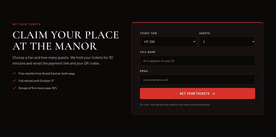 Halloween Manor Party template — Booking form section