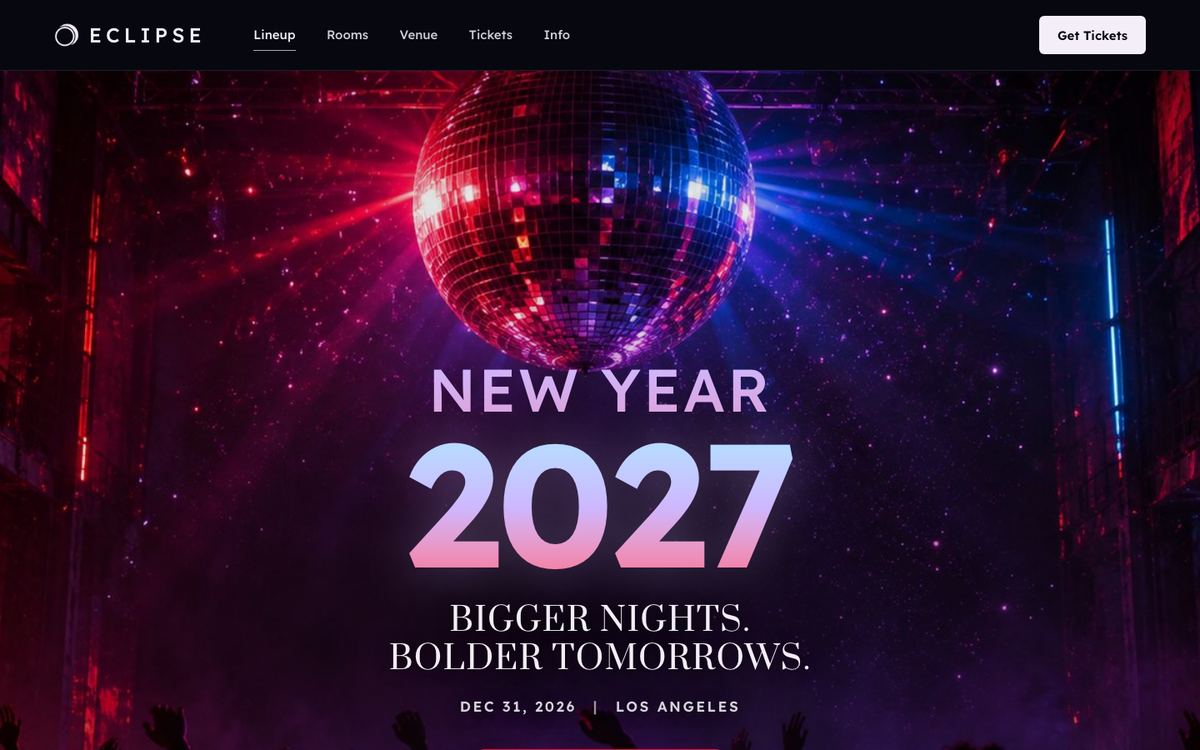 New Year Party landing page template, desktop