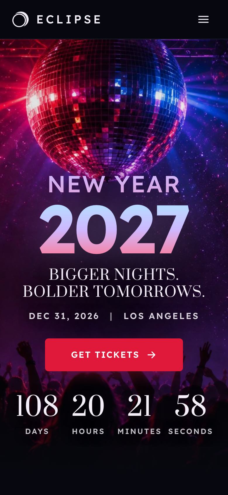 New Year Party landing page template on a phone