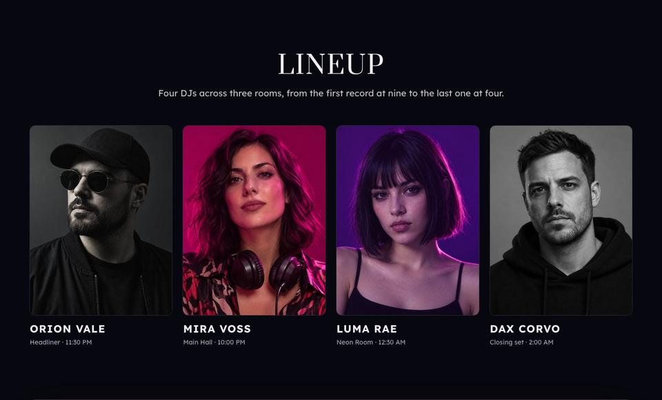 New Year Party template — Line-up section