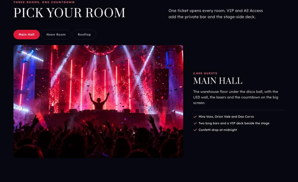 New Year Party template — Rooms section