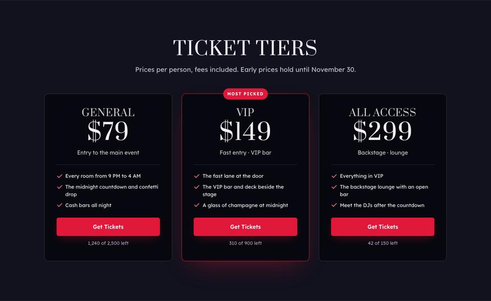 New Year Party template — Tickets section