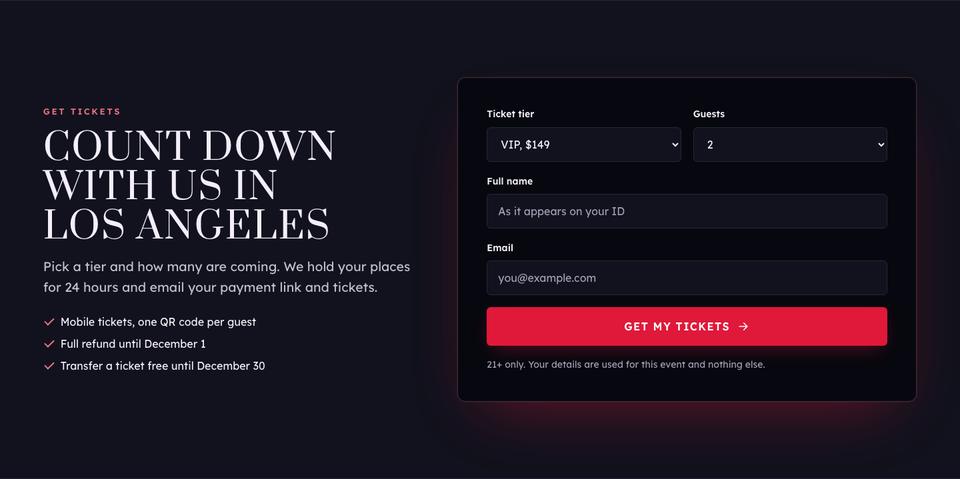 New Year Party template — Ticket form section