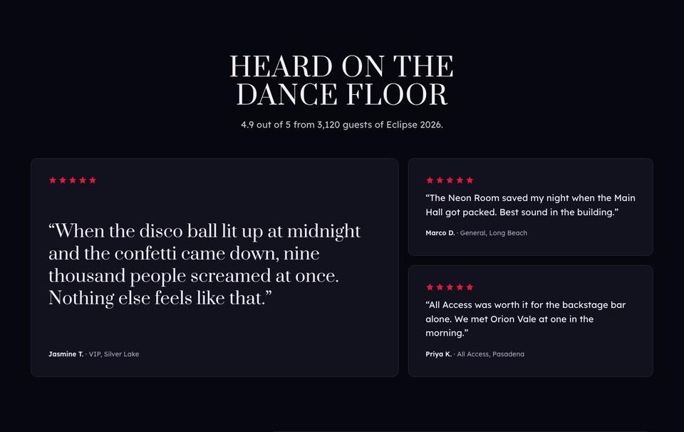 New Year Party template — Reviews section