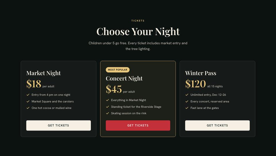 Christmas Market Event template — Tickets section