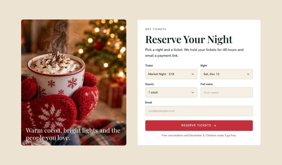 Christmas Market Event template — Booking form section