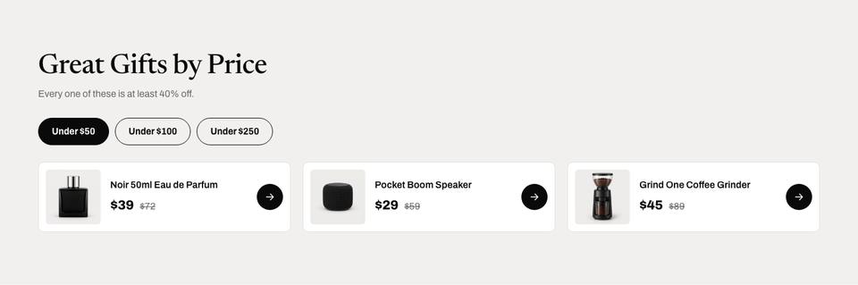 Black Friday Mega Sale template — Gifts by price section
