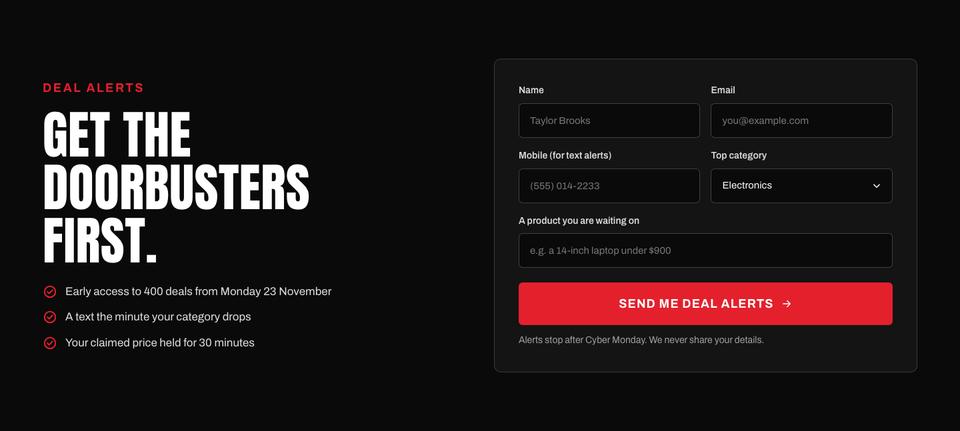 Black Friday Mega Sale template — Deal alerts section