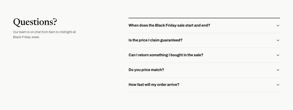 Black Friday Mega Sale template — Questions section