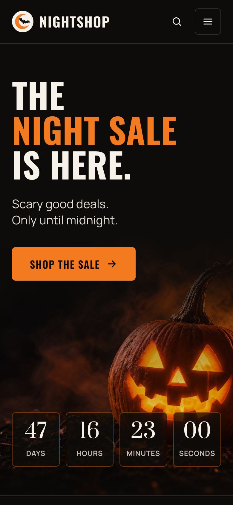Halloween Night Sale landing page template on a phone