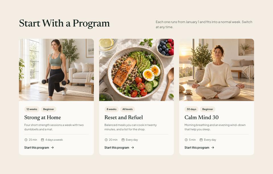 New Year Fitness template — Programmes section