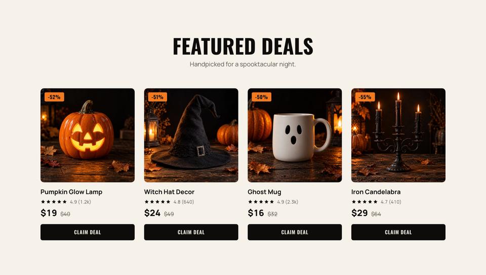 Halloween Night Sale template — Featured deals section