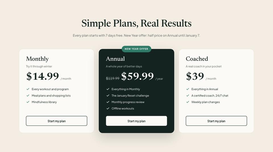 New Year Fitness template — Pricing section