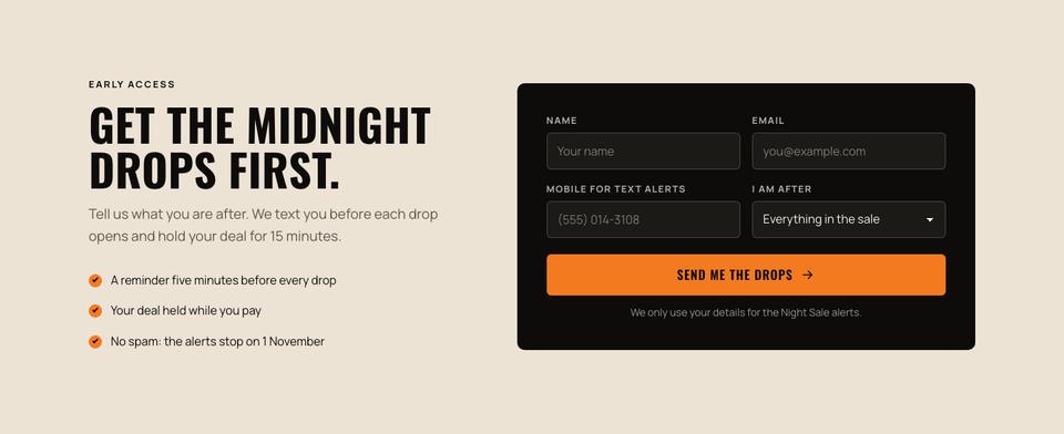Halloween Night Sale template — Drop alerts section