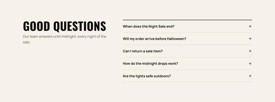 Halloween Night Sale template — Questions section