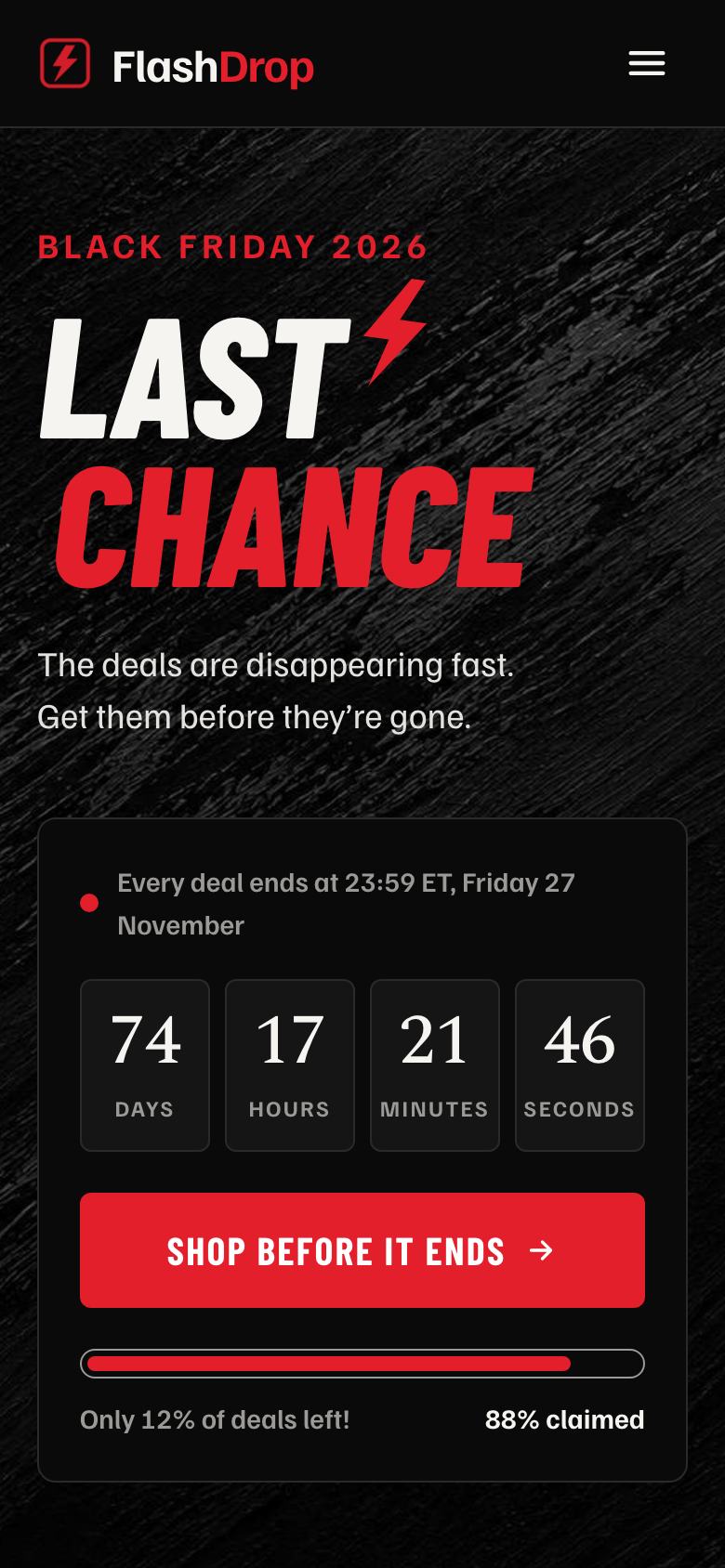 Black Friday Last Chance landing page template on a phone