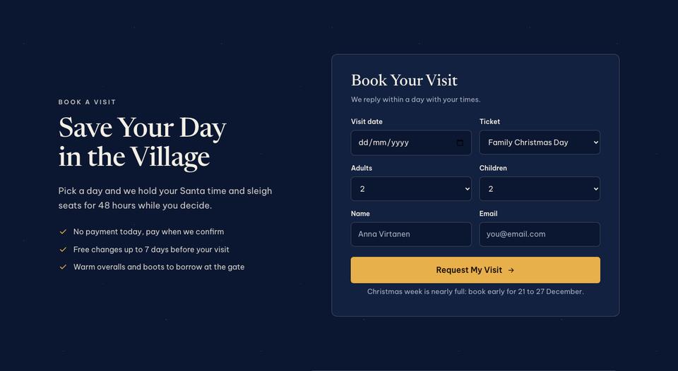 Christmas Village Story template — Booking form section