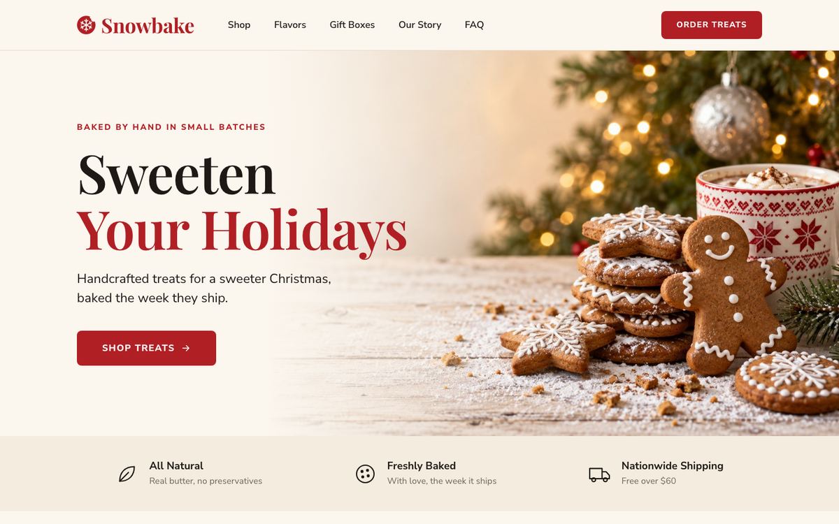 Christmas Treats Bakery landing page template, desktop