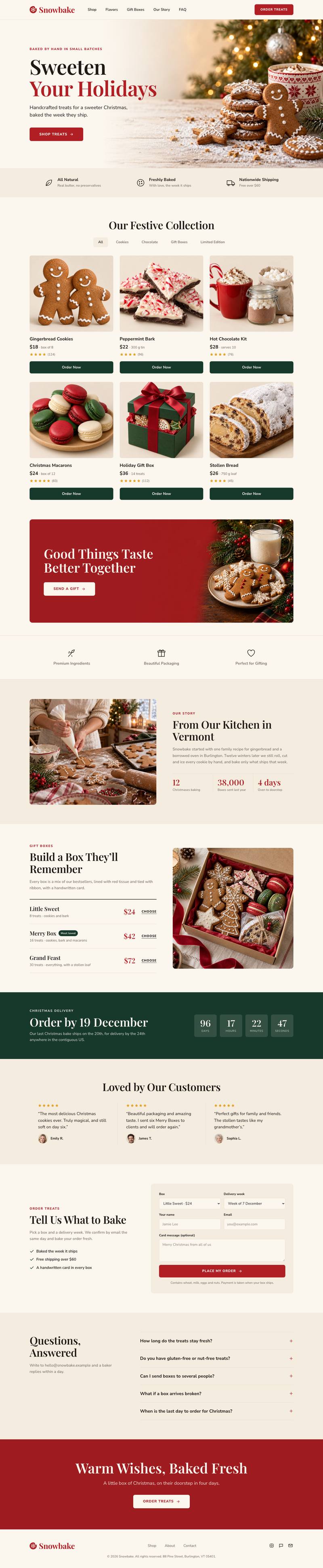 Christmas Treats Bakery template, the whole page on desktop